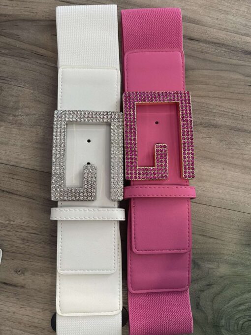 Strasszos G csatos gumis öv (pink, fehér)