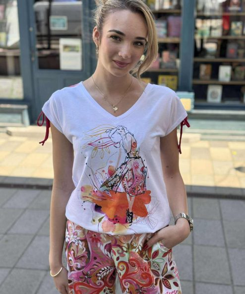 Livello fehér pink mintásV nyakú vállán húzott felső