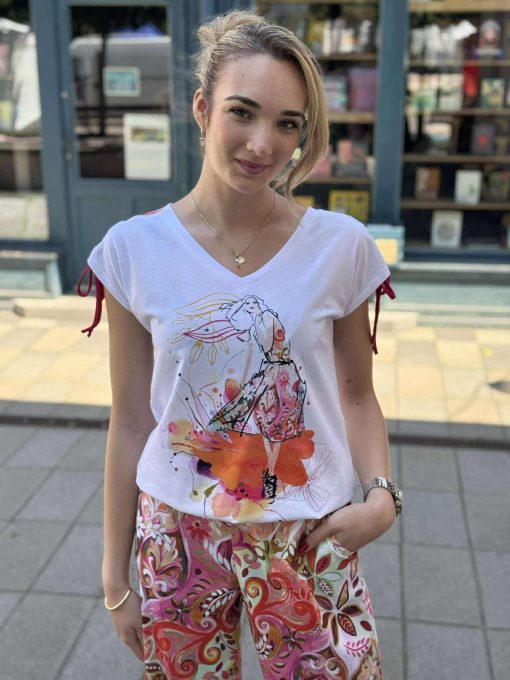 Livello fehér pink mintásV nyakú vállán húzott felső - Image 2