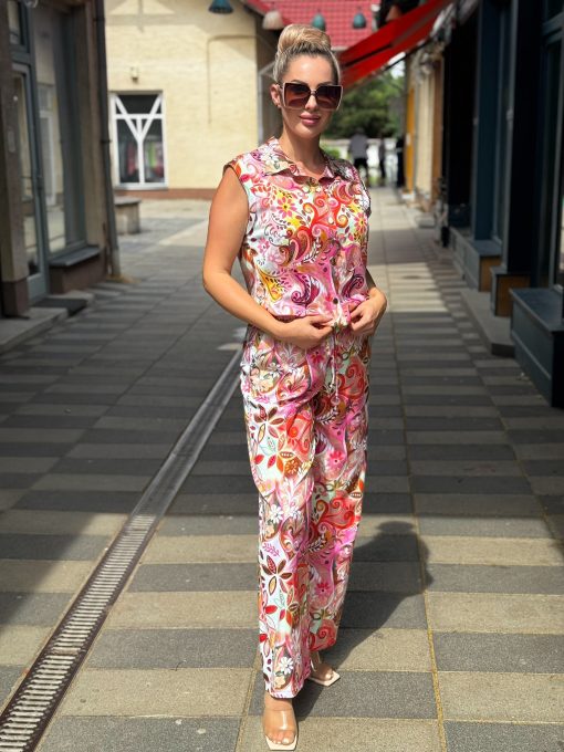 Livello Pink mintás,ujjatlan, galléros, gombos megkötős blúz - Image 5