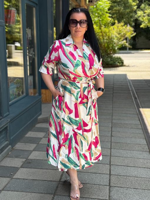 Livello pink-drapp-fehér mintás galléros, átlapolt derékban hátul megkötős ruha - Image 3