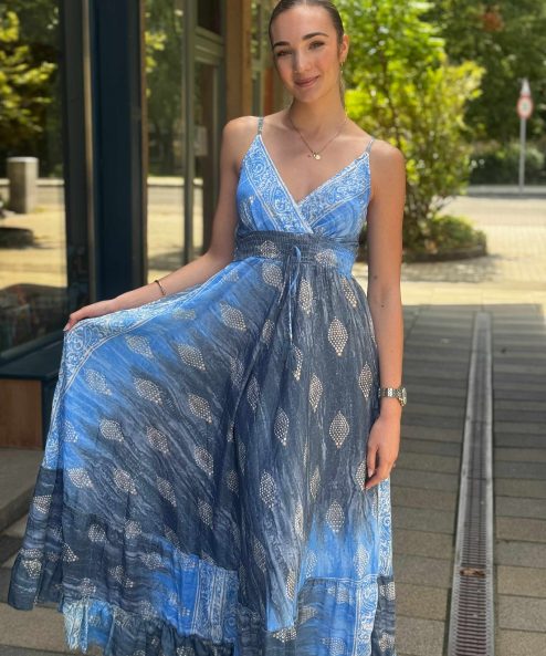 Selyem ruha egyedi mintával Rea kék-szürke - acélkék, 2. kép | MyBerill Boutique
