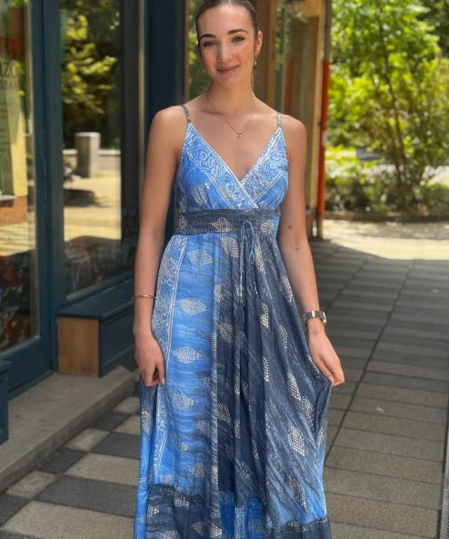Selyem ruha egyedi mintával Rea kék-szürke - acélkék, 3. kép | MyBerill Boutique