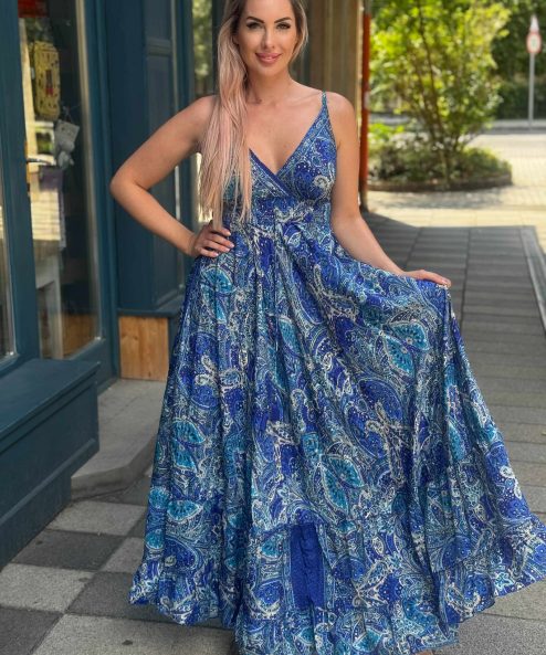 Selyem ruha egyedi mintával Rea kék-arany - acélkék, 2. kép | MyBerill Boutique