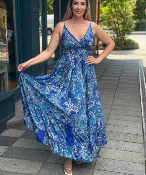 Selyem ruha egyedi mintával Rea kék-arany - acélkék, 3. kép | MyBerill Boutique