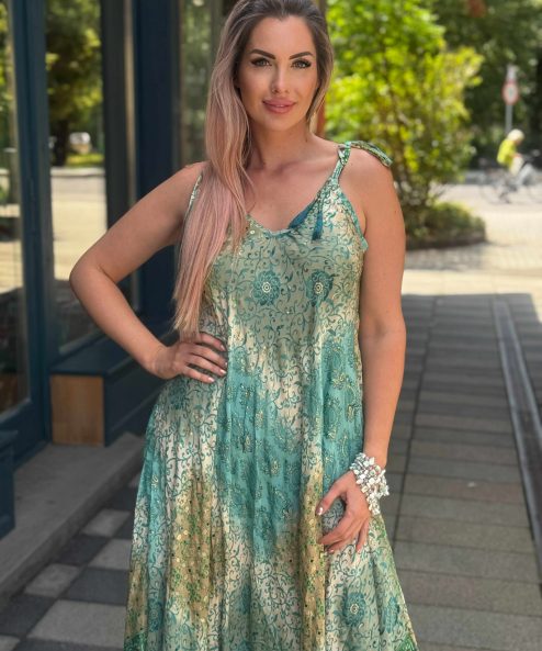 Selyem ruha egyedi mintával Seherezádé türkizzöld-bézs - Alkalmi ruha, 2. kép | MyBerill Boutique