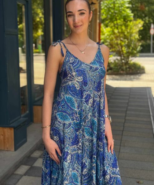 Selyem ruha egyedi mintával Seherezádé kék-arany - acélkék, 2. kép | MyBerill Boutique