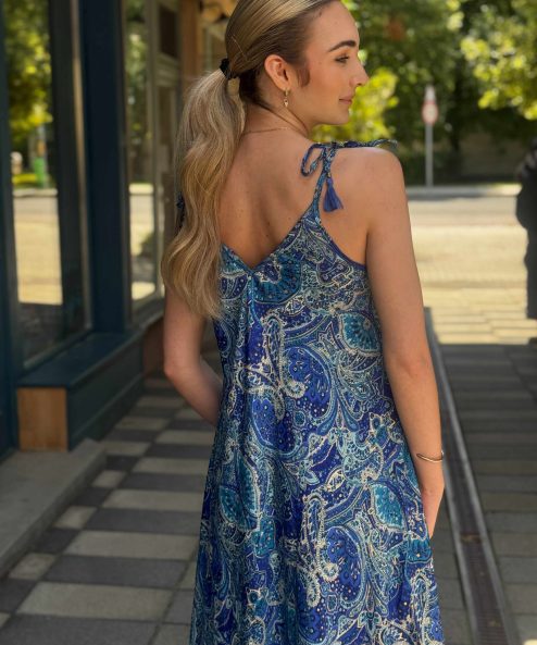 Selyem ruha egyedi mintával Seherezádé kék-arany - acélkék, 3. kép | MyBerill Boutique