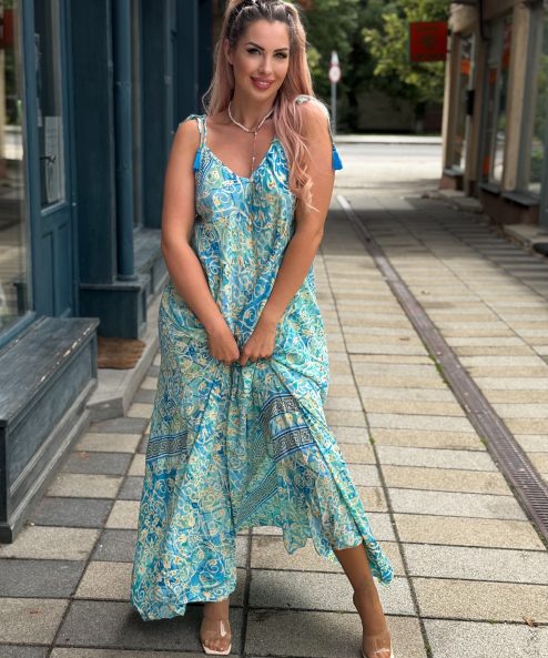 Selyem ruha egyedi mintával Seherezádé türkiz indás - acélkék, 4. kép | MyBerill Boutique
