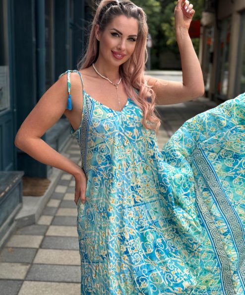 Selyem ruha egyedi mintával Seherezádé türkiz indás - acélkék, 2. kép | MyBerill Boutique