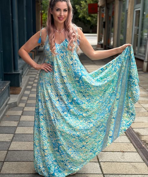 Selyem ruha egyedi mintával Seherezádé türkiz indás - acélkék, 3. kép | MyBerill Boutique