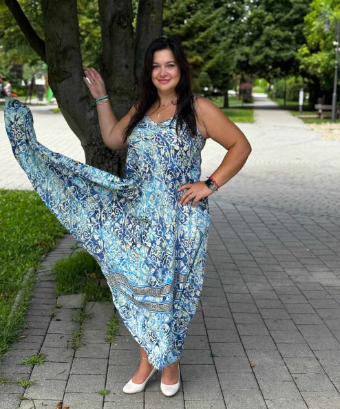 Selyem ruha egyedi mintával Seherezádé sötétkék-homok inda - acélkék, 2. kép | MyBerill Boutique