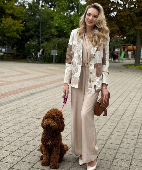 Livello Drapp-barna-beige mintás gombos, galléros blézer