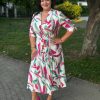 Livello pink-drapp-fehér mintás galléros, átlapolt derékban hátul megkötős ruha - bézs | MyBerill Boutique