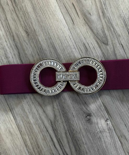 Strasszos kerek  csatos széles gumis öv magenta