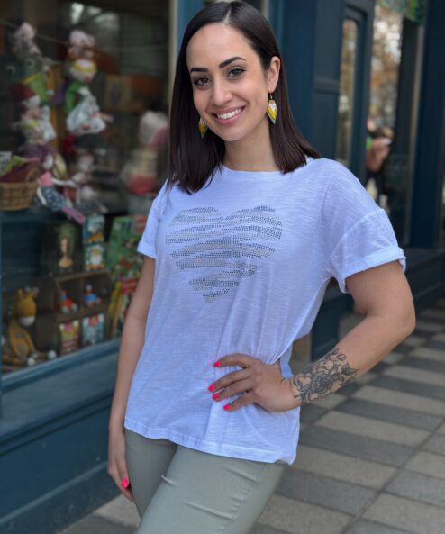 Navigazione fehér rövidujjú felső strasszos szív