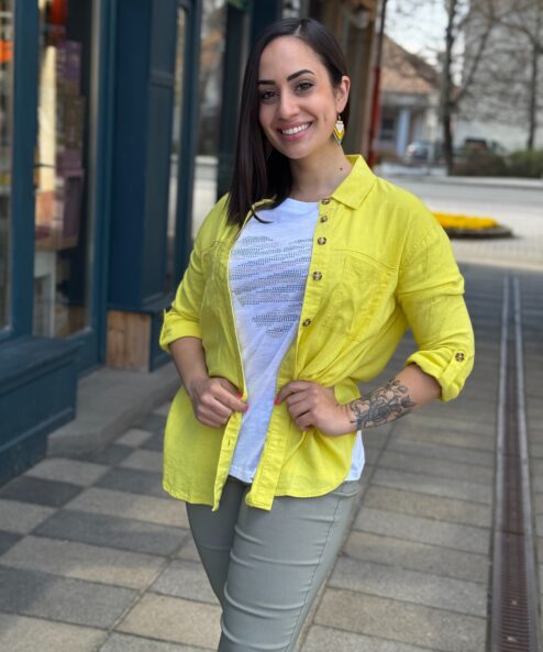 Navigazione rugalmas lenvászon blúz felhajtható sárga