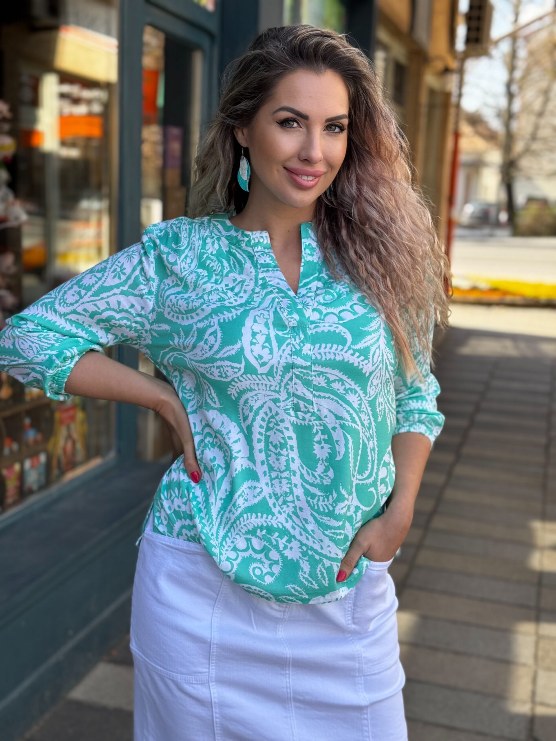 Navigazione türkiz-fehér mintás viszkóz tunika