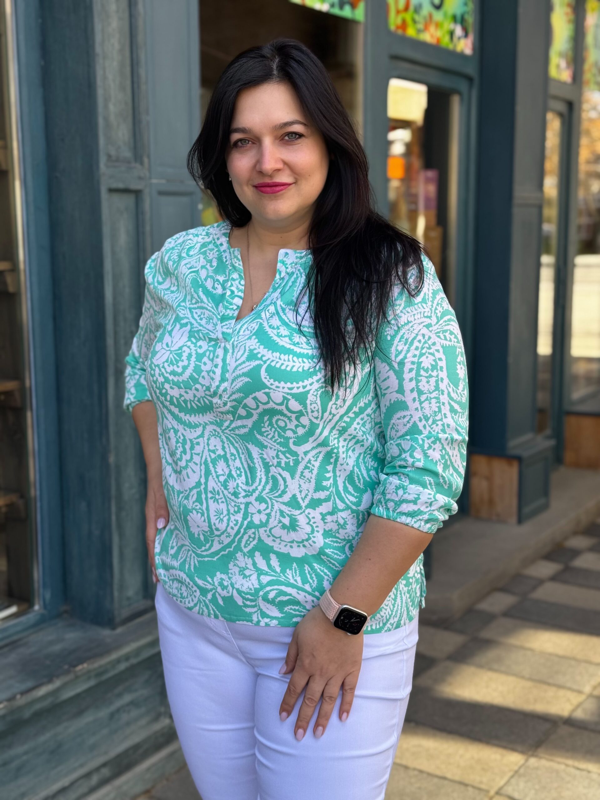 Navigazione türkiz-fehér mintás viszkóz tunika - Image 2