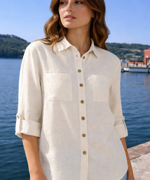 A Navigazione rugalmas lenvászon blúz felhajtható fehér alternatív nézete