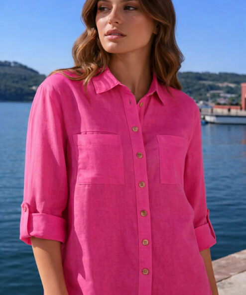 A Navigazione rugalmas lenvászon blúz felhajtható pink alternatív nézete