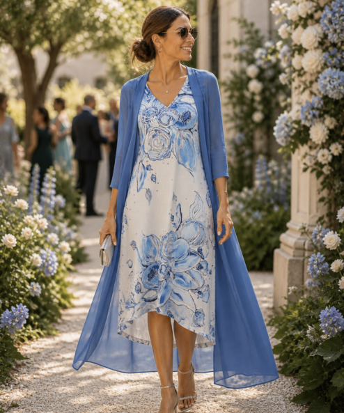 Dolcezza “Kék Virágok” ujjatlan len ruha - acélkék, 3. kép | MyBerill Boutique