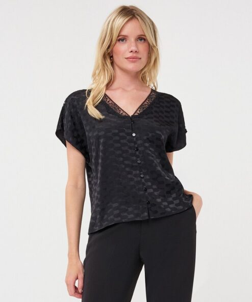 ESQUALO szatén jacquard blúz fekete