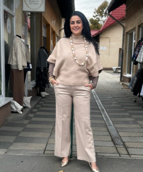Monari Széles szárú szövetnadrág strasszokkal bézs - 2. kép